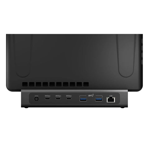 Back view of the Legit Thunderbolt 5 MacBook Docking Station showcasing multiple ports in a clean space black shell.