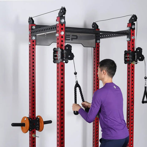 Heavy Duty Tricep Rope Attachment For Cable Machines 27 And 35 Inch Nylon Braided Rope With Solid Rubber Ends Universal Gym Compatible Pulldown Accessory Builds Triceps Biceps Back Shoulders Abs Two Color Black Red in use on cable machine
