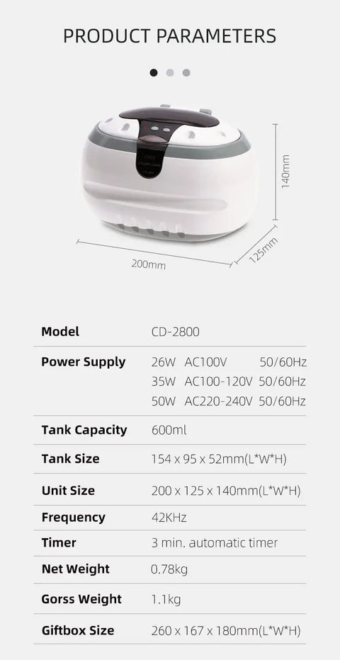 Portable Stainless Steel Ultrasonic Cleaner Blast Grime Off Rings Necklaces Glasses Watches And Coins With A Roomy 20oz Tank dimensions and specifications