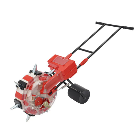 7 Nozzles Hand Push Roller Seeding Tool With Fertilizer Applicator, red and black, clear seed box, for garden seeding, 9 inch spacing.
