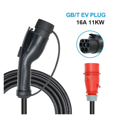 GB/T EV plug for Rock Solid Portable EV Charger 11KW 16A, showcasing the handle and connectors of charging cable.