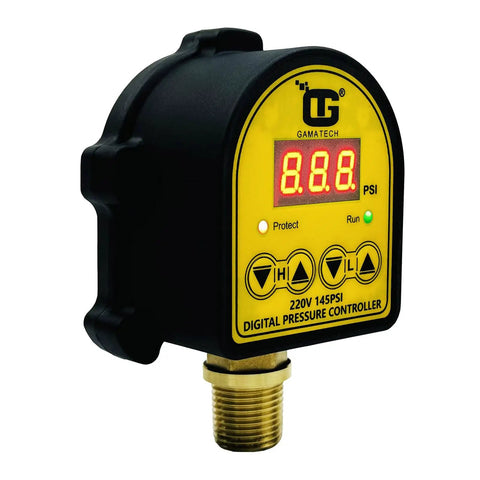 Side view of Digital Adjustable Pressure Switch Controller For Water And Air Pumps 220V 145 PSI One Half Inch Male NPT Thread