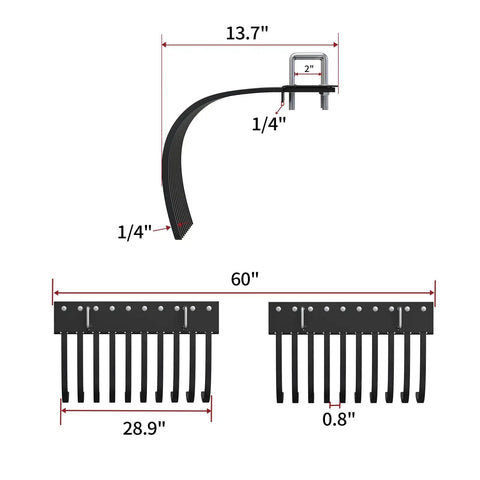 Heavy Duty ATV UTV Landscape Rake Attachment dimensions showing adjustable width and measurement details for yard cleanup