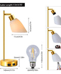 Gold Brass Industrial Table Lamp With Dual USB Ports Fully Dimmable Touch Control Edison Bedside Light with measurements shown