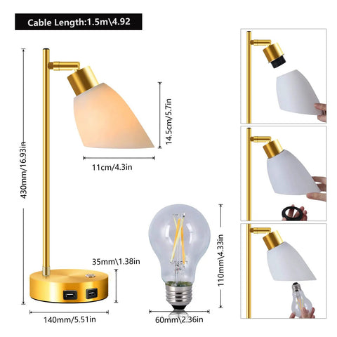 Gold Brass Industrial Table Lamp With Dual USB Ports Fully Dimmable Touch Control Edison Bedside Light with measurements shown