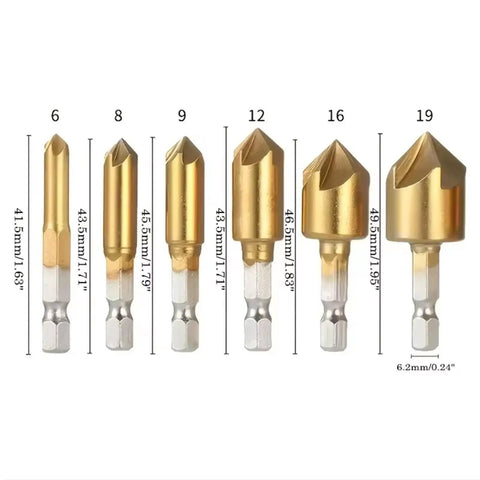 Badass Titanium Coated Hss Countersink Drill Bit Set Glides Smooth On Wood Metal Plastic Cuts Clean 82 Degree Chamfering Tool, six pieces.