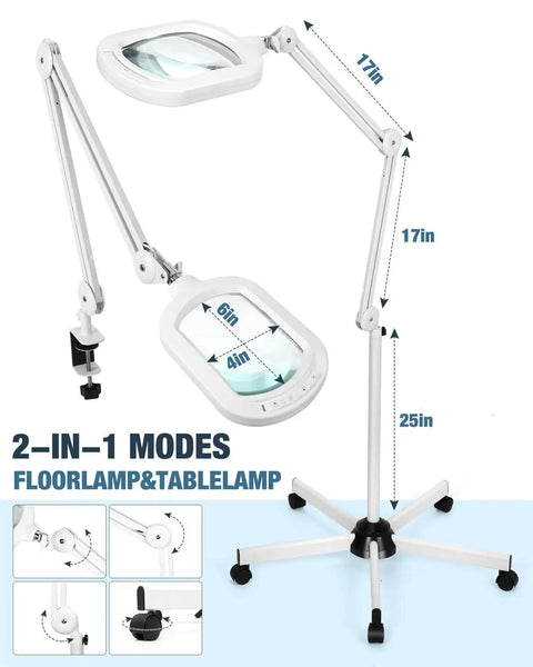 12X Magnifying Glass With Light And Stand, Large 6 by 4 Inch Optical Glass Lens on rolling base floor lamp, 2-in-1 mode