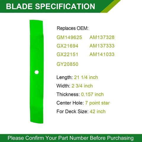 42 Inch Mower Deck Rebuild Kit blade GY20850 specifications for D100 D105 D110 D130 and LA Series tractors
