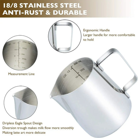 Stainless Steel Milk Frothing Pitcher 12 Oz For Espresso Machines, showing measurement line and ergonomic handle, silver.