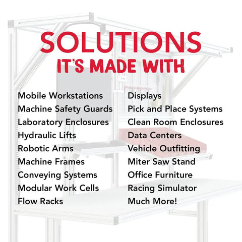 List of applications for T-slot aluminum profiles including mobile workstations, enclosures, and laboratory setups.