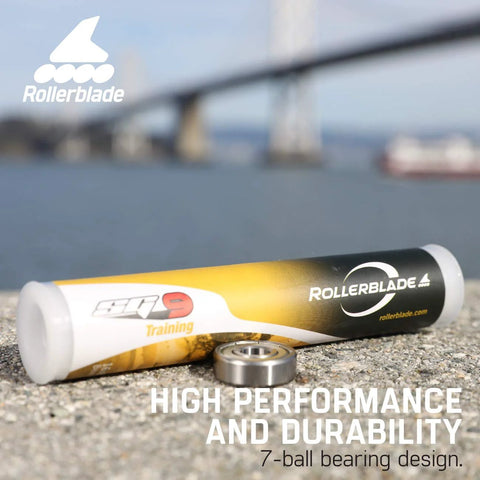 SG9 high-speed inline skate bearings with 7-ball design for Rollerblade, offering low friction and smooth rides, shown in packaging.