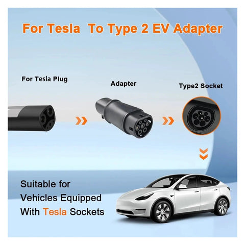 Top Tier Tesla To Type 2 Ev Charger Adapter 32a Eves Connector Compatible With Iec 62196 Electric Car Converter close-up of adapter with Tesla car