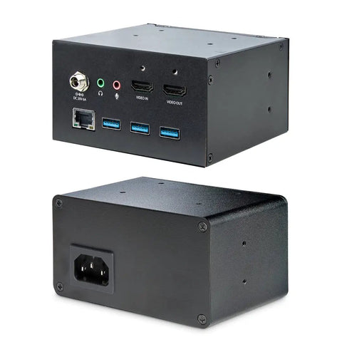 Dead Simple In Desk Usb C Conference Dock Station With 4K Hdmi And 60W Power Delivery For No Drama Boardroom Integration, showing HDMI ports and USB-A on a black metal casing.
