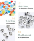 All In One Plastic Snap Fastener Kit With Pliers Set Includes 270 Sets Resin And Metal Snaps For Sewing And Crafting Pink Includes Dies Eyelets Awl And Screwdriver For Easy Snap Setup And Creative Projects image showing resin, metal snaps, and metal grommets.