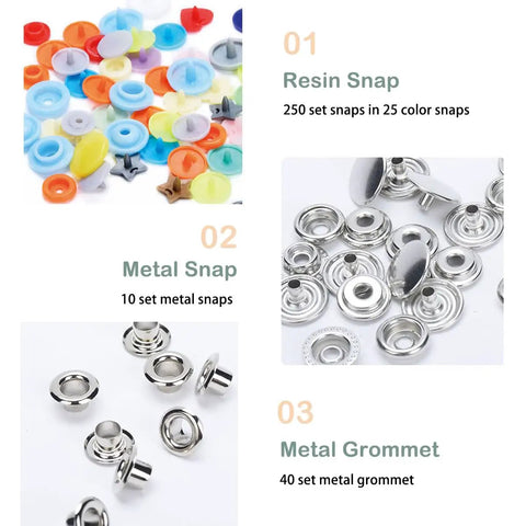All In One Plastic Snap Fastener Kit With Pliers Set Includes 270 Sets Resin And Metal Snaps For Sewing And Crafting Pink Includes Dies Eyelets Awl And Screwdriver For Easy Snap Setup And Creative Projects image showing resin, metal snaps, and metal grommets.