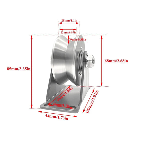 Rock Solid 304 Stainless Steel V Groove Plate Casters Heavy Duty Sliding Gate Track Rollers close-up with measurements