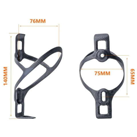 Carbon Fiber Water Bottle Cage Ultralight 14g Cup Holder For MTB Road Gravel And E Bike Ride Ready Lightweight Universal Cycling Accessory For Bikepacking And Daily Rides, side and front view with measurements displayed