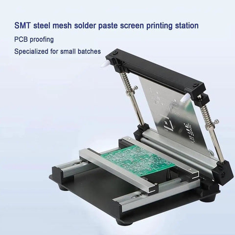 Handy Manual PCB Stencil Printer for Solder Paste, aluminum alloy body, adjustable table for small batch prototyping, 20cm footprint.
