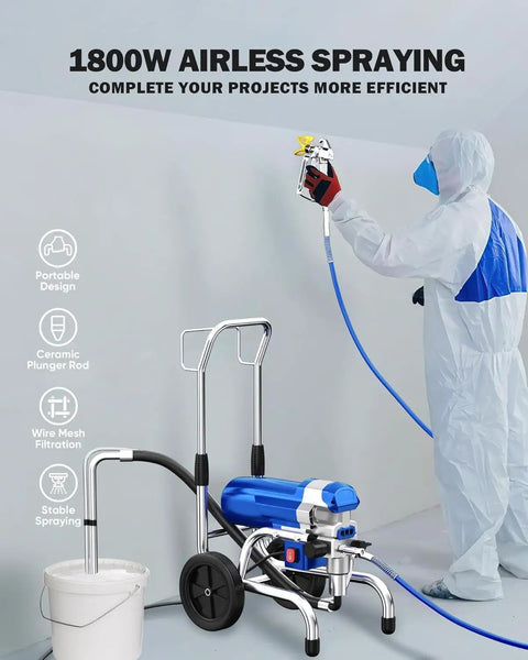 Heavy Duty Airless Paint Sprayer With 1800W Motor And 3800PSI Pressure Zero Hassle Thinning Free Coating Kit showcased in use.
