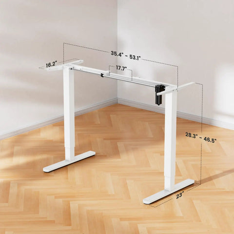Electric Standing Desk Frame With Four Memory Height Settings For Sit Stand Comfort, white frame in a room corner.