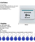 Door exit button with key symbol and dimensions 86x86mm, accompanied by 10 blue RFID keyfobs, from Outdoor RFID Access Control Kit With Keypad And NC Fail Safe Electric Strike Lock IP68 Waterproof DC12V Power Supply 10 EM4100 125KHz Keyfobs Supports 3000 Users Card Or Password Or Card Plus Password Backlit Touch Screen.