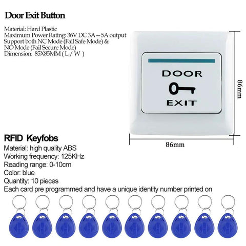 Outdoor Door Access Control System Kit IP68 Waterproof RFID Keypad Card Reader with door exit button and 10 blue keyfobs