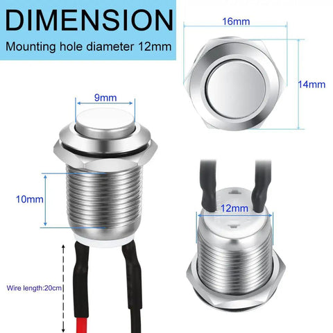 Diagram of 5 Pack 12mm Waterproof Momentary Push Button Switches Prewired Stainless Steel High Head On Off 2A 12V/24V/125V/250V AC IP65