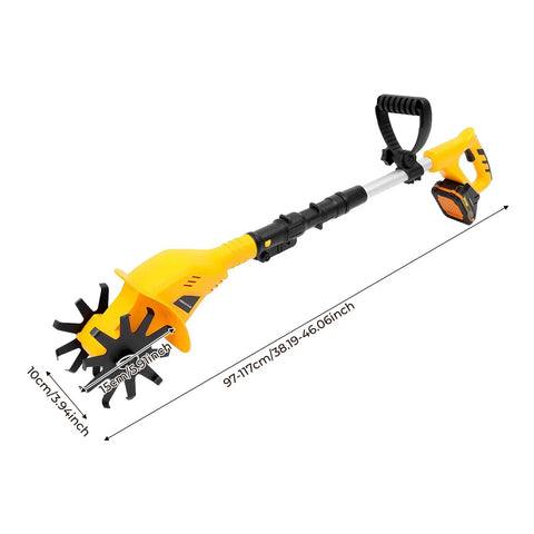 Cordless Garden Tiller Cultivator 250RPM Portable Electric Rototiller with Batteries and Charger shown in extended view