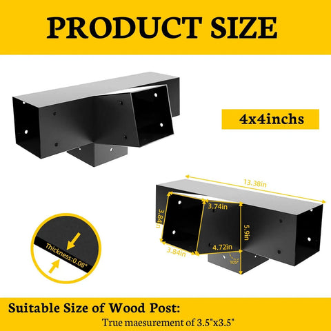 Diagram of 15 Degree 4 Way Pergola Bracket Kit for 4x4 Posts to Beams, showing dimensions and suitable post size.