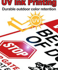 UV Ink Printing design showcasing durable outdoor color retention on a reflective warning sign for safety.