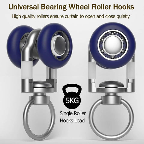 Universal bearing wheel roller hooks for smooth curtain operation, supports 5kg load, durable design.