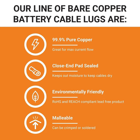 Infographic highlighting features of 10 Pack 2/0 AWG Battery Lugs With 3/8 Inch Stud Ring Terminal Connectors