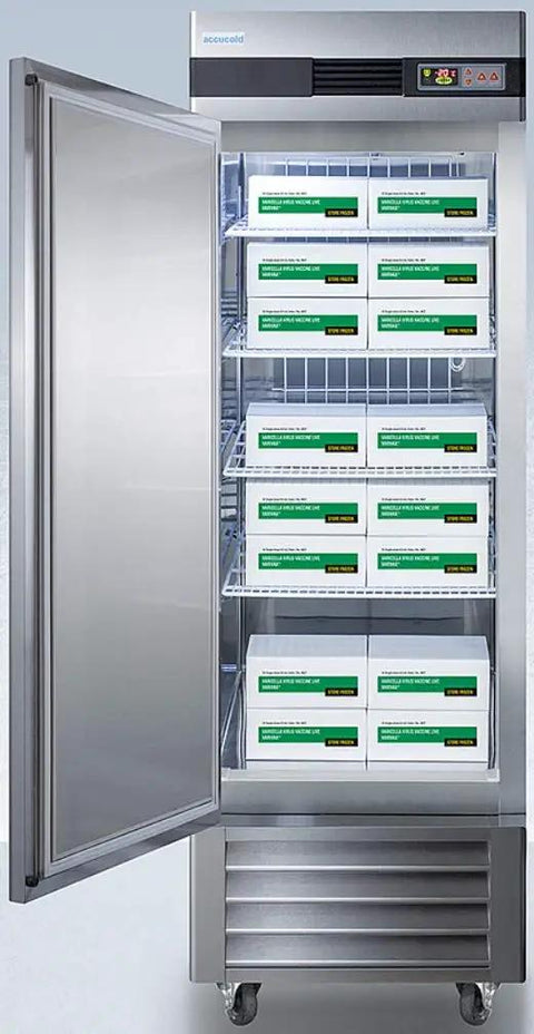 Beefy Frost Free Upright All Freezer Delivering Solid Twenty Three Cubic Feet Chill Capacity Digital Thermostat Interface And Sleek Stainless Steel Build with open door and shelves filled with boxes.