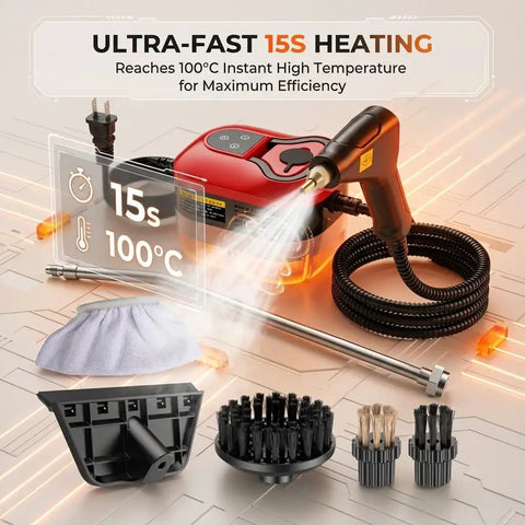 Heavy Duty Handheld Steam Cleaner With A Massive 2500W Output For Fast Heating Up To 105C, accessories and steam output visible.