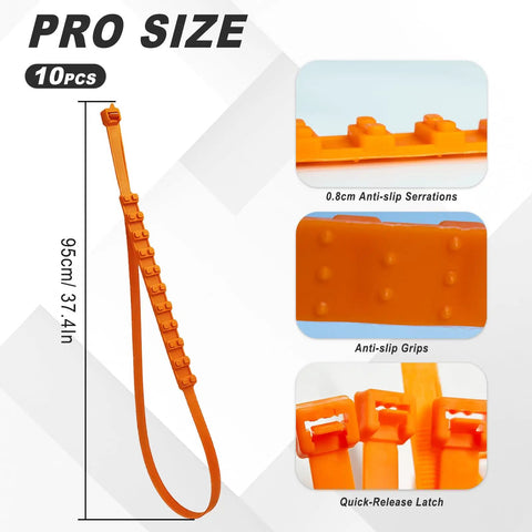 Heavy Duty Zip Tie Snow Tire Chains For Cars With Boss Level Anti Slip Grips Quick Install Link System For Deep Snow Slush Rain And Mud No Sweat Setup For Gnarly Winter Roads Every Time. Orange 95cm traction strap with anti-slip grips.