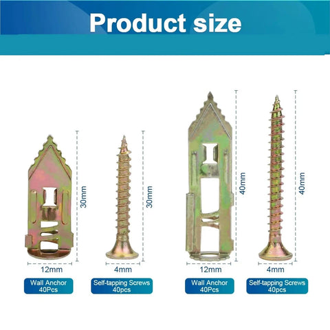 Self Drilling Drywall Anchors And Screws Kit For TV Mounts Cabinets And Curtains Fixing No Pre Drill Install Premium Yellow Zinc Plated Carbon Steel Rust Resistant Long Lasting Structural Support Easy Quick Install, 30mm and 40mm sizes