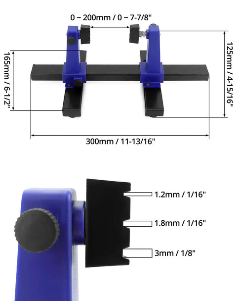 Adjustable PCB Holder Frame With 360 Degree Rotation For Soldering And Pro Grade Repairs, dimensions and clamp detail