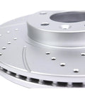 Close-up of front drilled and slotted brake rotor for Toyota Camry and Avalon. Part of performance street ready brake upgrade kit.
