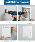 Installation process for White 32X32 Inch Aluminum Ceiling Access Panel For Drywall with drilling, securing, and finishing steps.