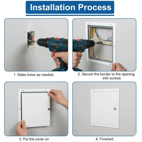 Installation process for White 32X32 Inch Aluminum Ceiling Access Panel For Drywall with drilling, securing, and finishing steps.