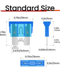 Standard size blue automotive blade fuse with dimensions, part of the Badass Comprehensive One Hundred Twenty Piece Standard Automotive Fuse Assortment Kit Including Heavy Duty Puller For Under The Hood Fixes On 12V And 24V Vehicles.