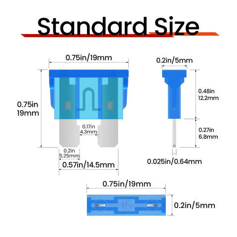 Standard size blue automotive blade fuse with dimensions, part of the Badass Comprehensive One Hundred Twenty Piece Standard Automotive Fuse Assortment Kit Including Heavy Duty Puller For Under The Hood Fixes On 12V And 24V Vehicles.