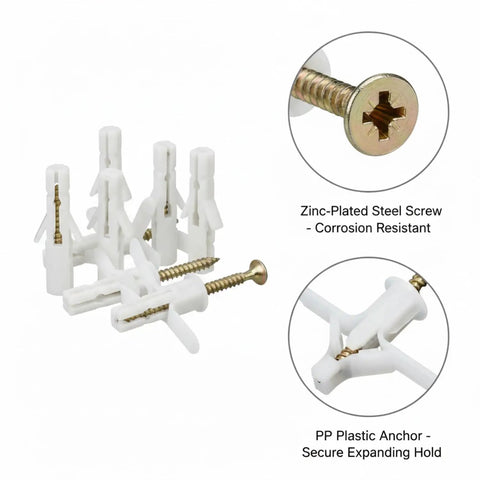 50 Pack M8 Drywall Anchors With Zinc Plated Screws For Hollow Walls Heavy Duty Anchor Kit shown with corrosion resistant screws