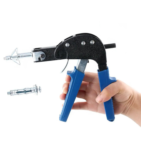 Heavy Duty Wall Anchor Gun Kit With Molly Bolts And Hollow Drive Anchors, hand holding tool with bolt