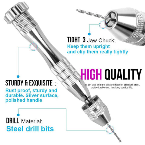 Killer Precision Steel Pin Vise Hand Drill Accompanied By Ten Mini Drill Bits for detailed crafting and DIY projects.
