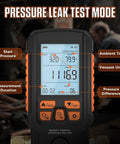 Front view of Digital Vacuum Gauge Pro handheld device with orange trim; LCD shows Start Pressure, Ambient Temp, and Vacuum Units