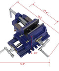 4 Inch X Y Cross Slide Drill Press Vise With Heavy Duty Steel Construction and Hardened Replaceable Serrated Jaws, dimensions shown.