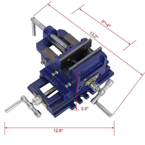 4 Inch X Y Cross Slide Drill Press Vise With Heavy Duty Steel Construction and Hardened Replaceable Serrated Jaws, dimensions shown.