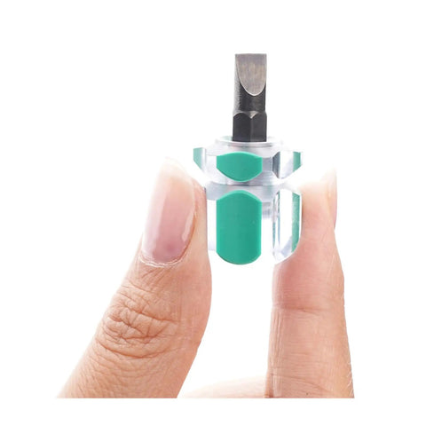 Hand holding Ultra Short Tiny Screwdriver Set for Sewing Machines and Electronics with flathead bit, compact design.