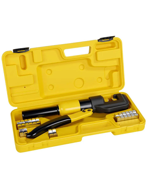 10 Ton Hydraulic Crimping Tool For Battery Cables And Lug Terminals With 9 Dies in yellow storage case